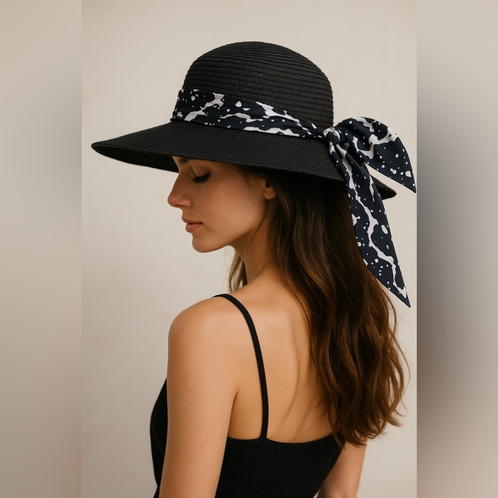 💫Adrienne Vittadini Wide Brim Hat 🎀‎ Elegant Black + Ribbon💫